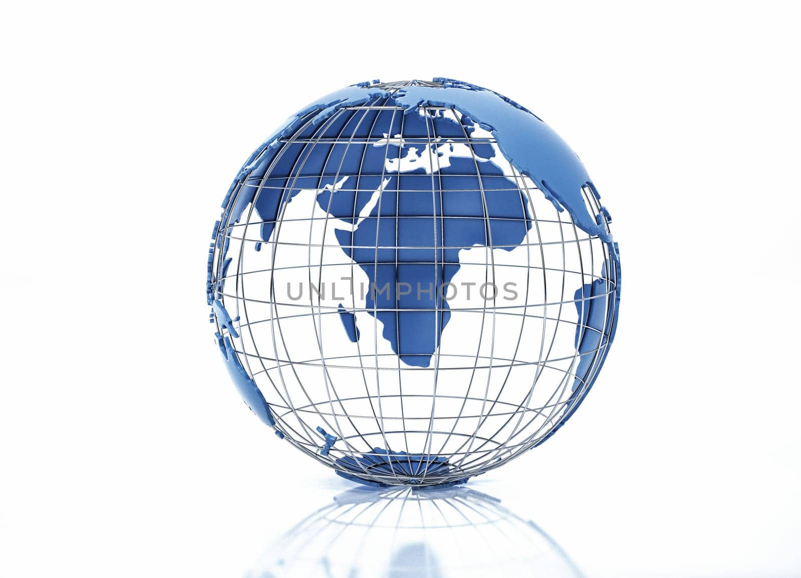 Earth globe stylized with metal grid. Pacific Ocean view. On white background with some reflection on the surface.