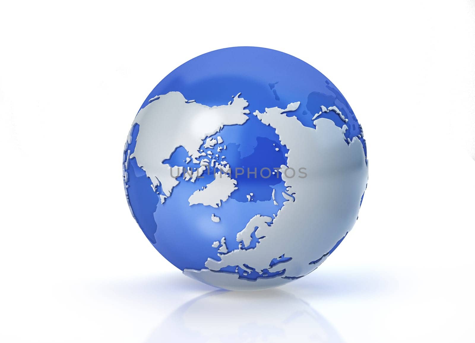 Earth globe stylized. Grey continents in relief. With transparent seas to reveal continents on the other side. On white background. North Pole view.