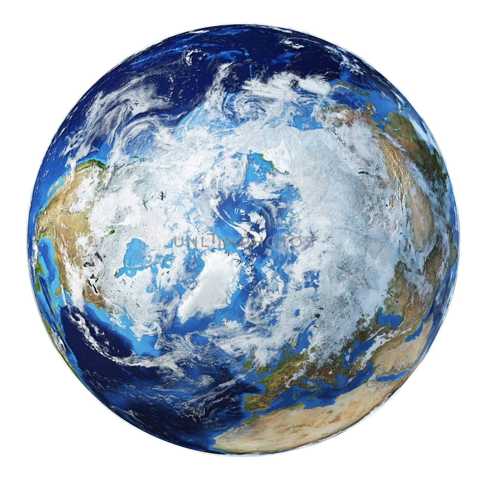 Earth globe 3d illustration. North Pole view. Very detailed and photo realistic. With clouds on white background. (Original maps provided by NASA.)