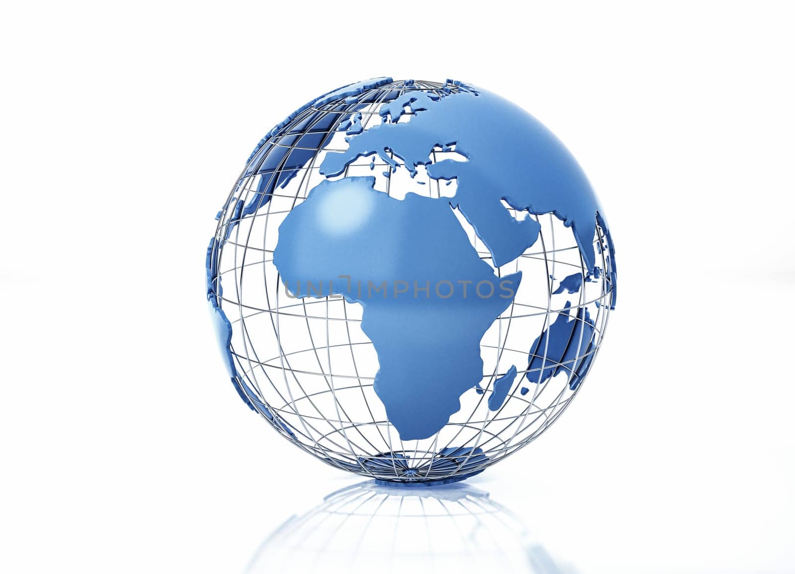 Earth globe stylized with metal grid. Africa view. On white background with some reflection on the surface.