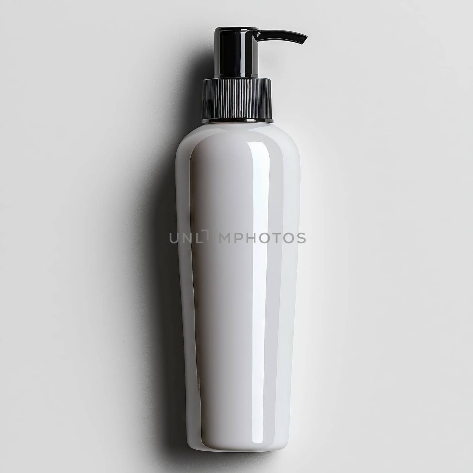 Minimalist white plastic bottle with a black pump dispenser, designed for liquid soap, lotion, or shampoo, placed against a neutral background.