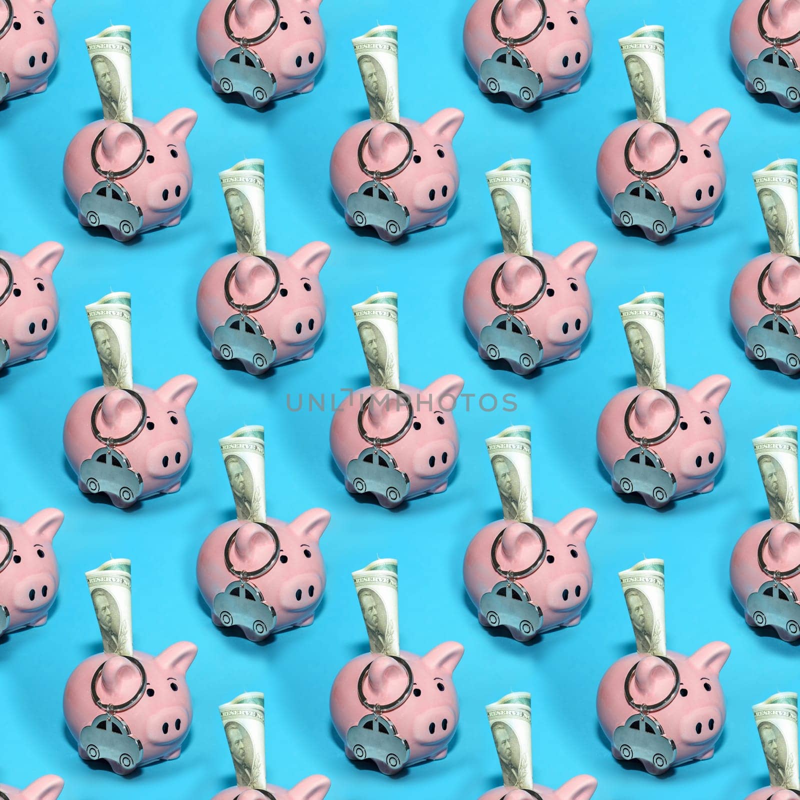 Seamless abstract business background with pink money piggy banks on a blue background