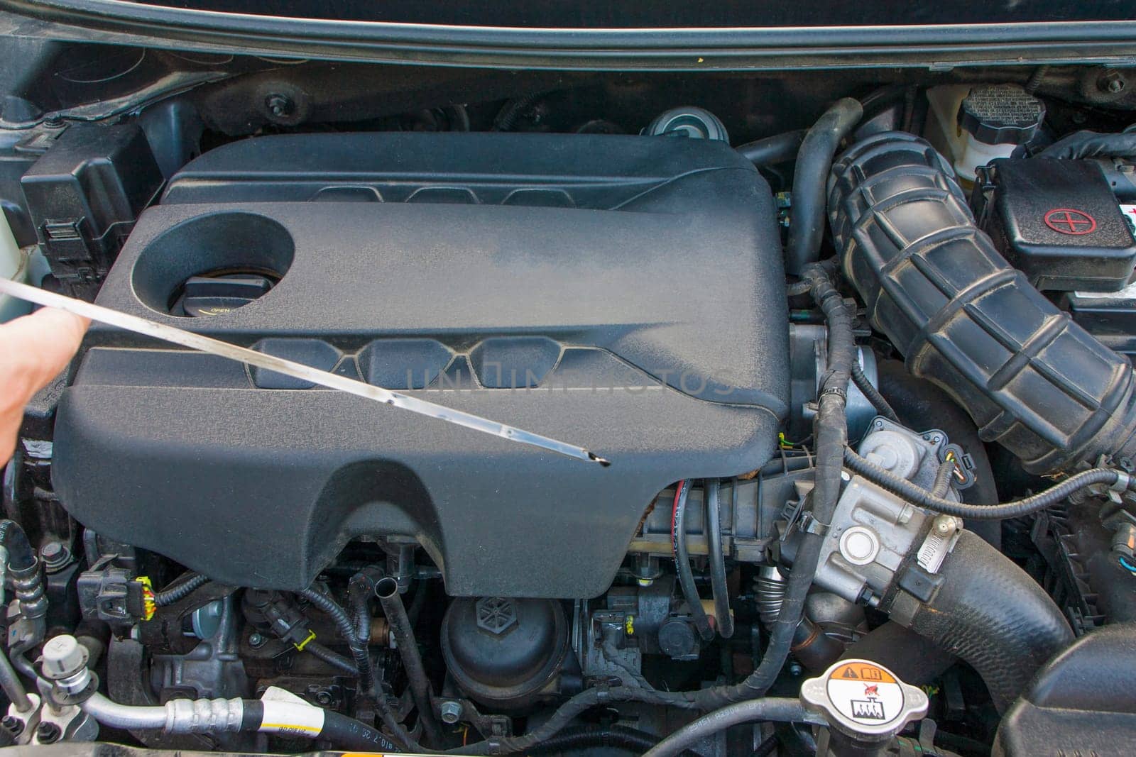 The engine and all the other parts of the car under the hood. Diesel engine from a famous car manufacturer.