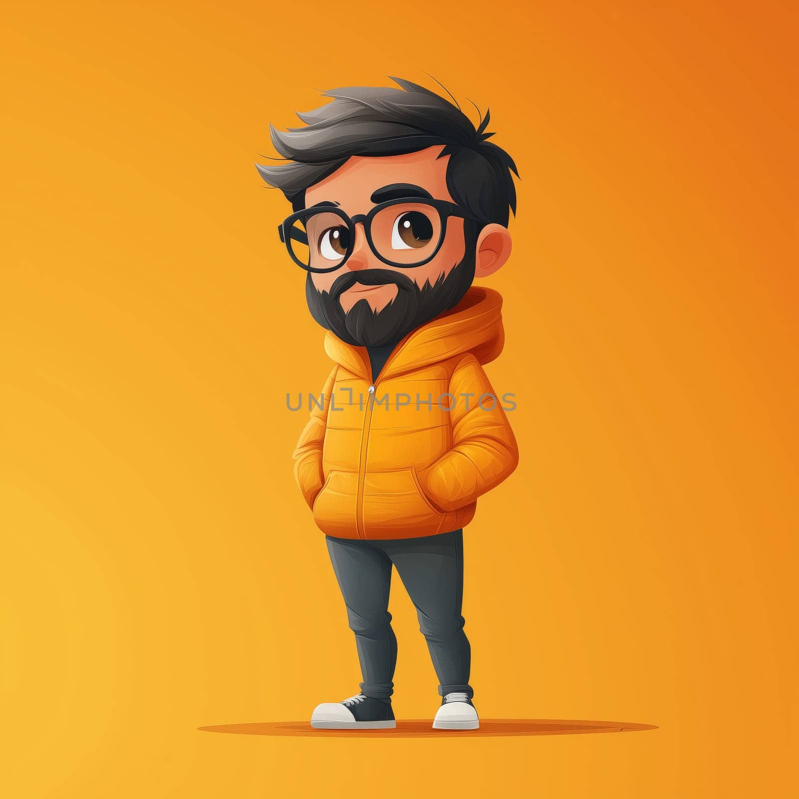 Digital illustration of a stylized cartoon man with glasses, a beard, and a yellow puffer jacket, standing confidently against an orange background.