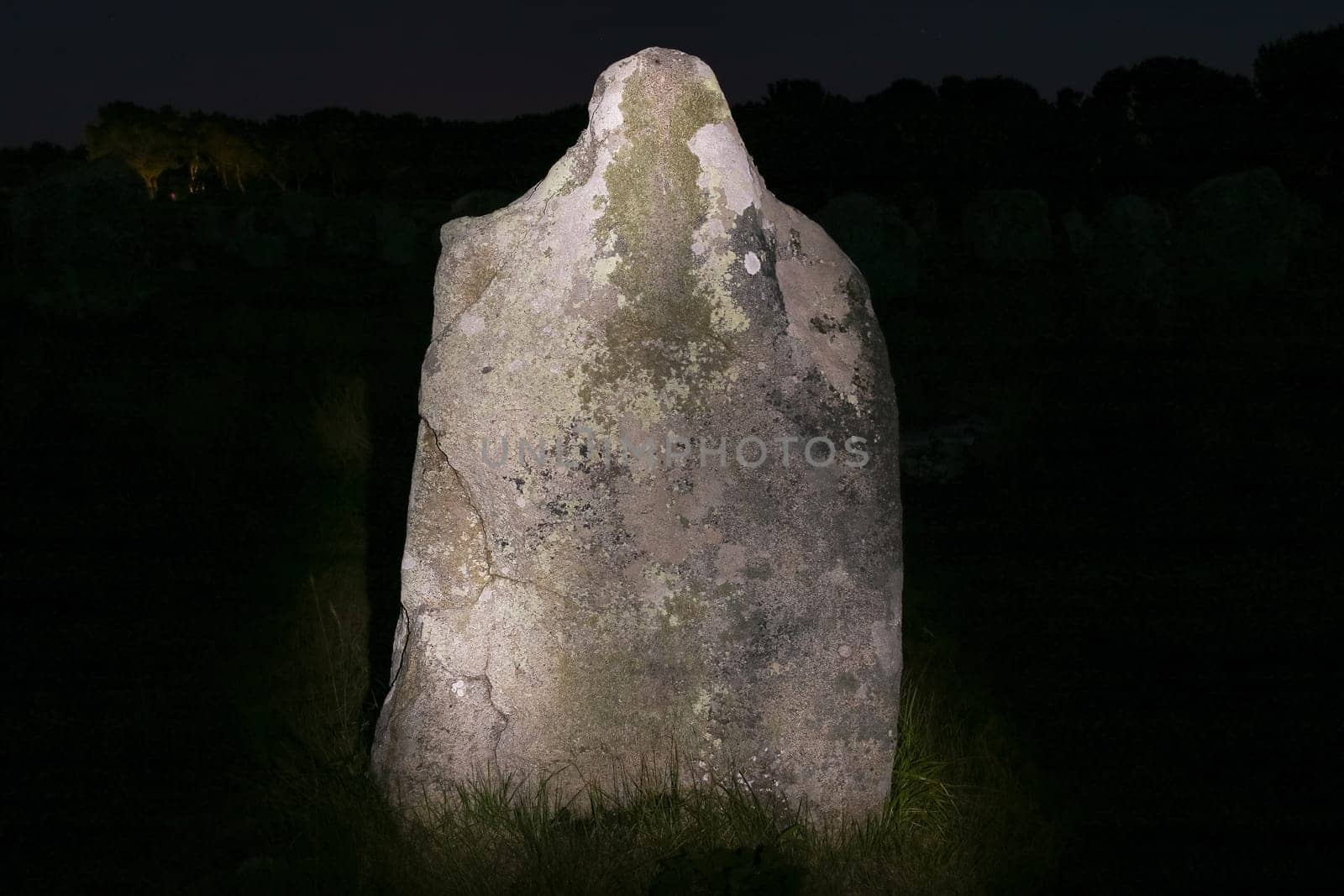 Menhir at night - Alignements du Menec  - rows of Menhirs - standing stones - the largest megalithic site in the world, Carnac, Brittany, France