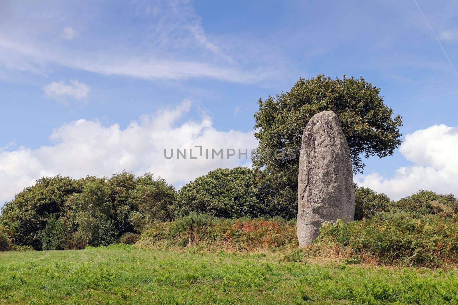 Menhir of Kergornec - megalithic monument near Saint-Gilles-Pligeaux village, department Cotes-d'Armor, Brittany, France