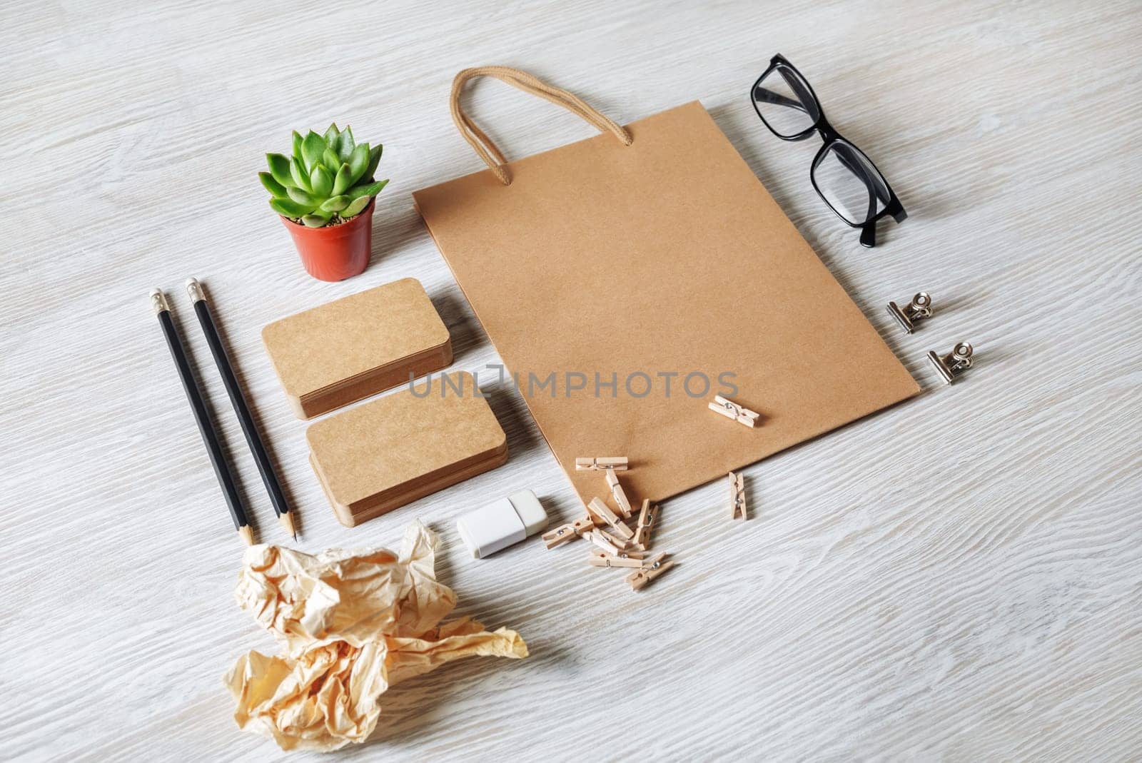 Blank retro stationery set on light wooden table background. Template for branding design. Branding mock up.