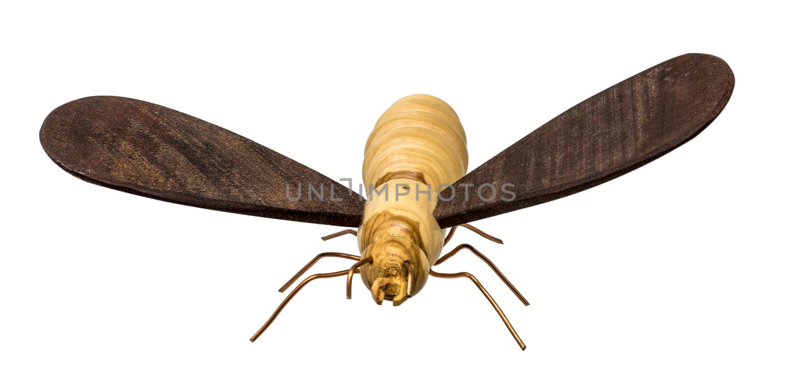 Model of a turned wood bee with dark wings isolated on white