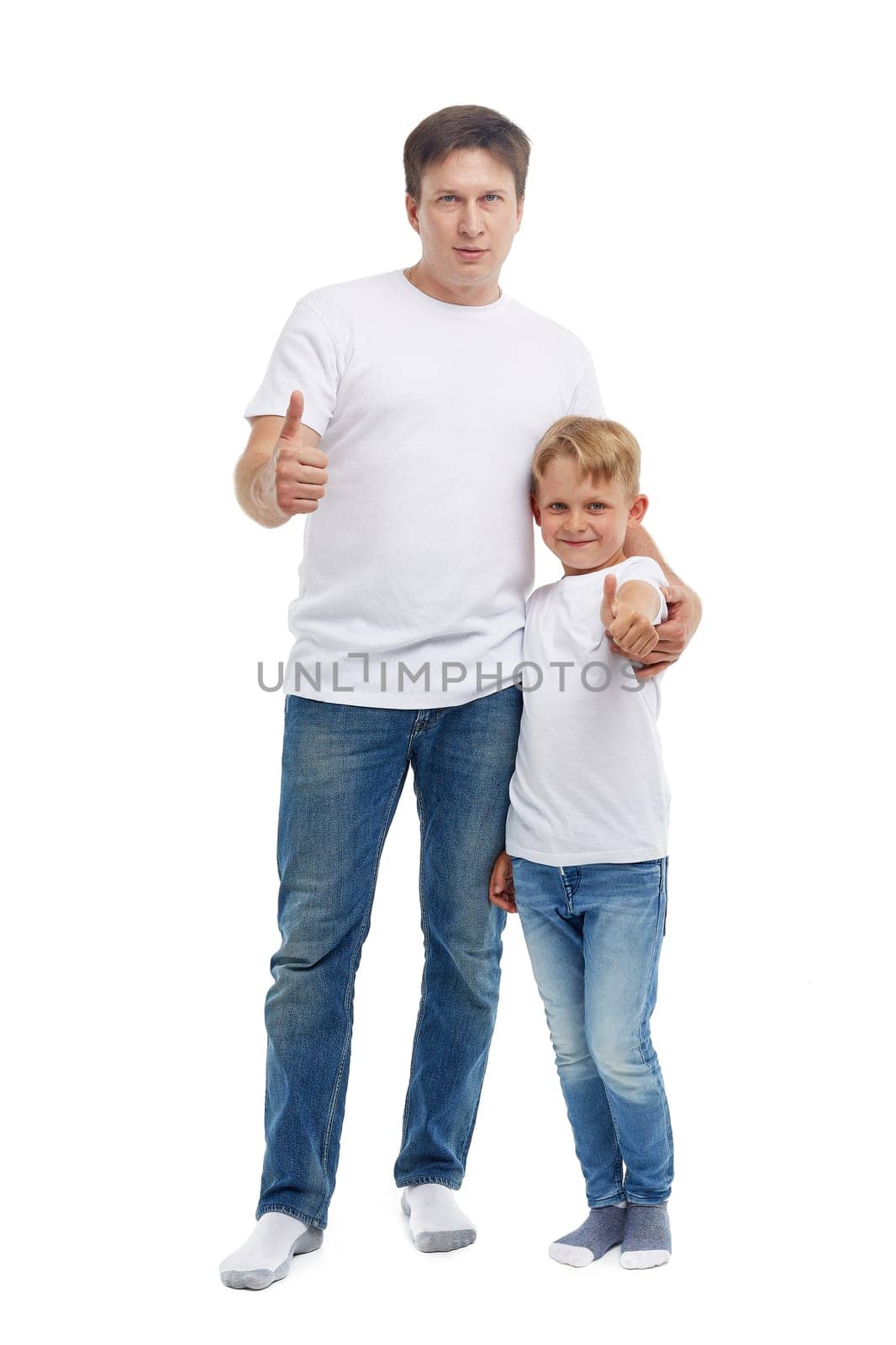 Friendly family. Young man with child stands isolated on a white background. Happy parent. Father with son. Concept of people and family