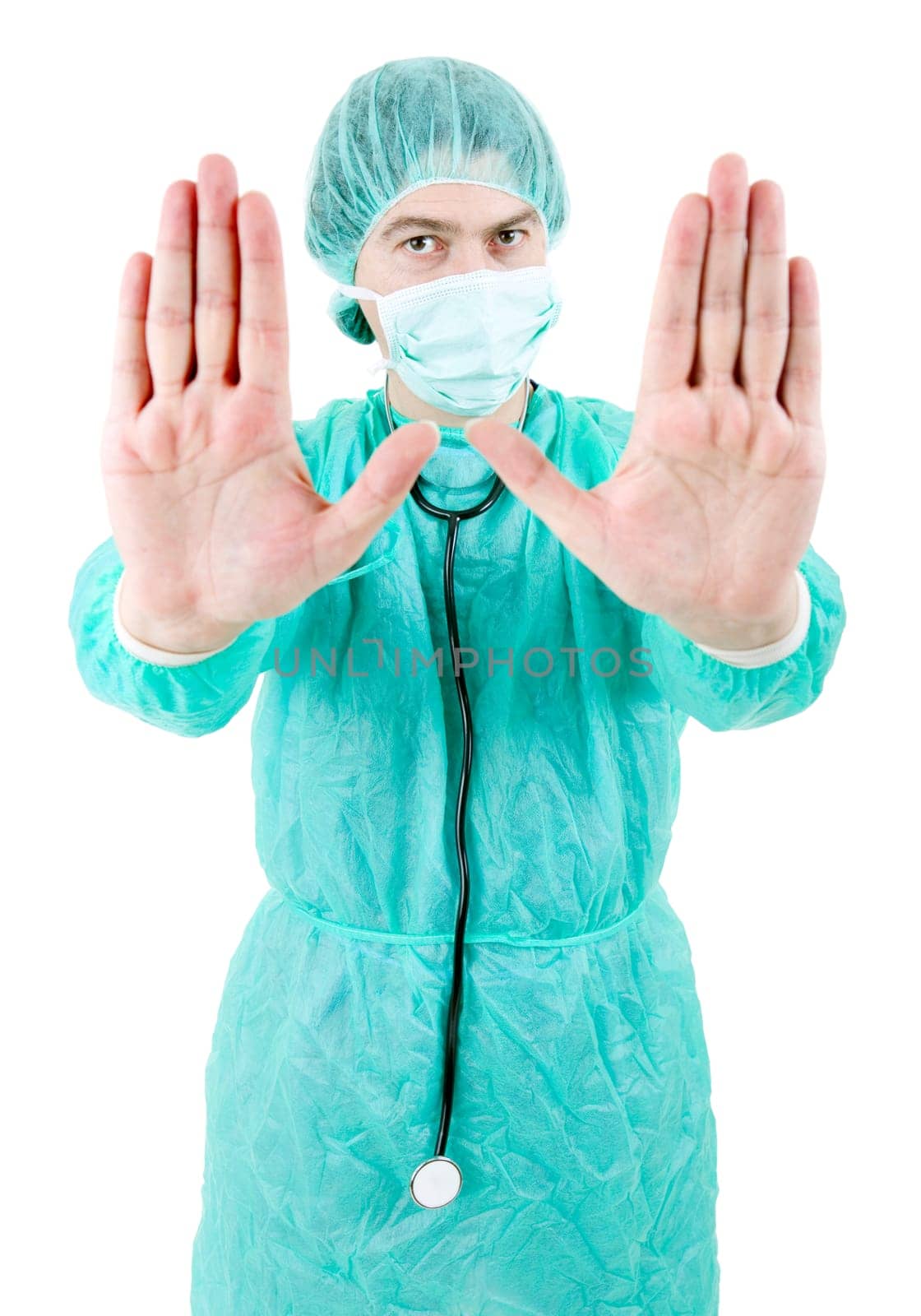 young male doctor going stop with his hand, isolated