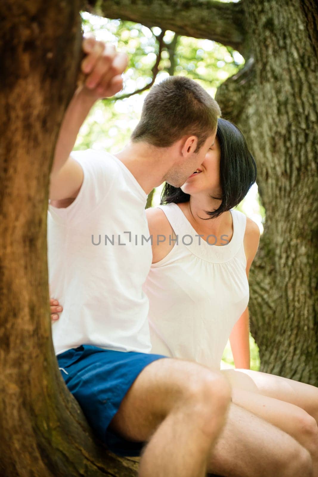 Young love - couple kissing together on big tree