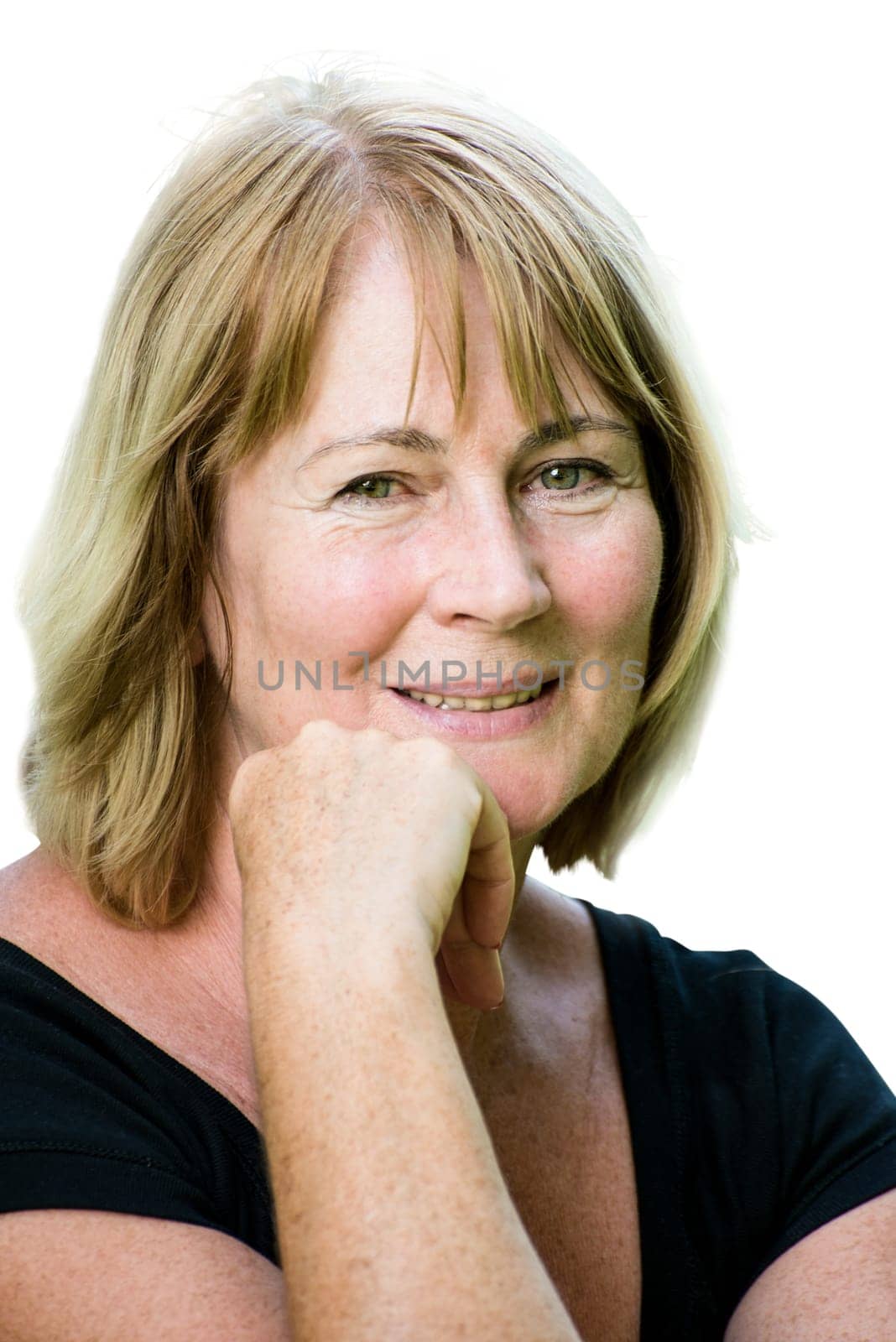 Portrait of happy smiling senior woman - isolated on white