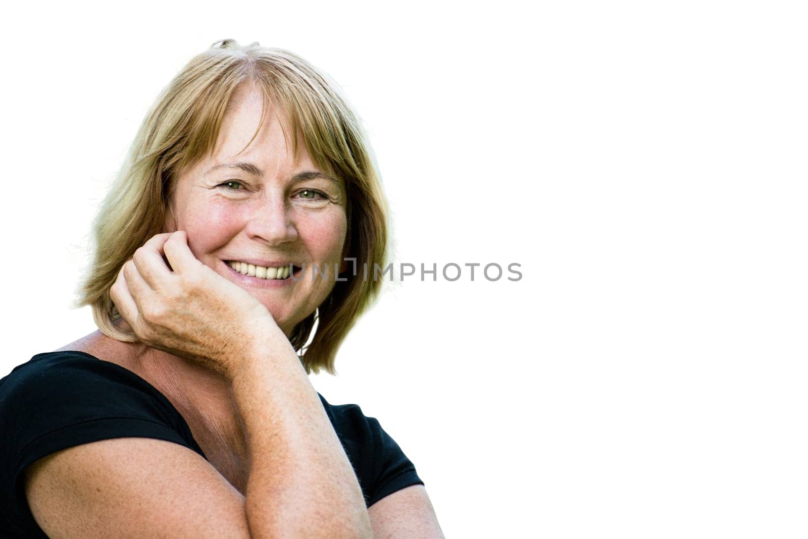 Portrait of happy smiling senior woman - isolated on white