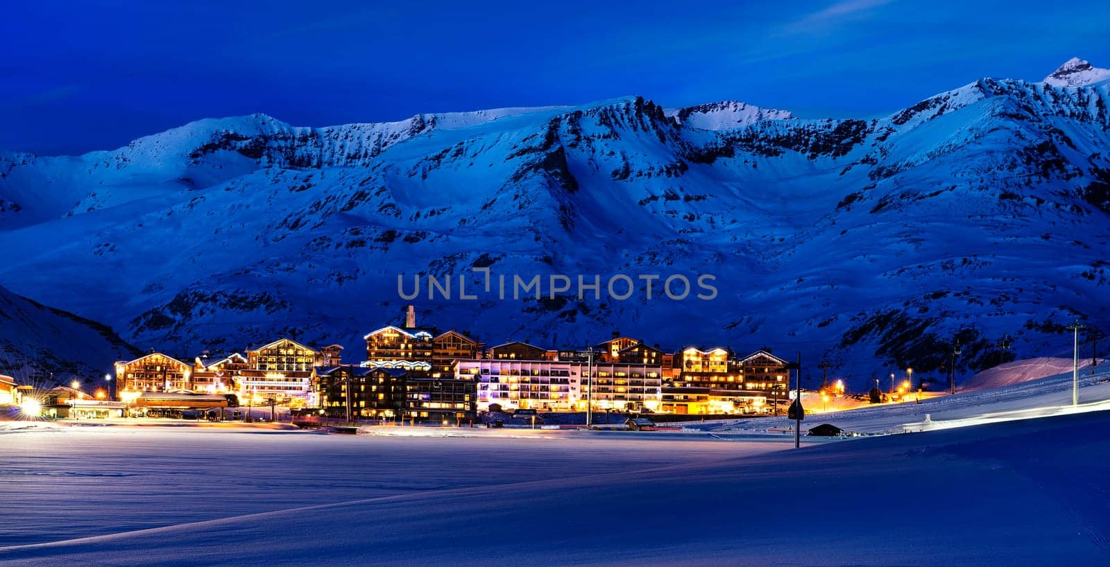 Evening landscape and ski resort in French Alps,Tignes, Tarentaise, France