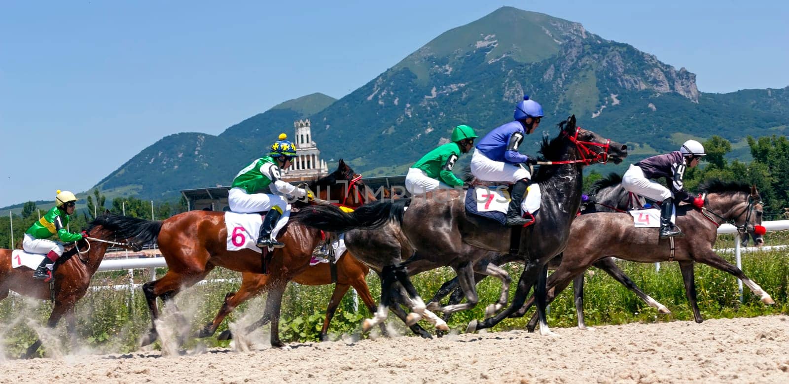 PYATIGORSK, RUSSIA - JUNE 30,2013: Horse race for the Letni prize of the oldest racecourses in Russia, Northern Caucasus.