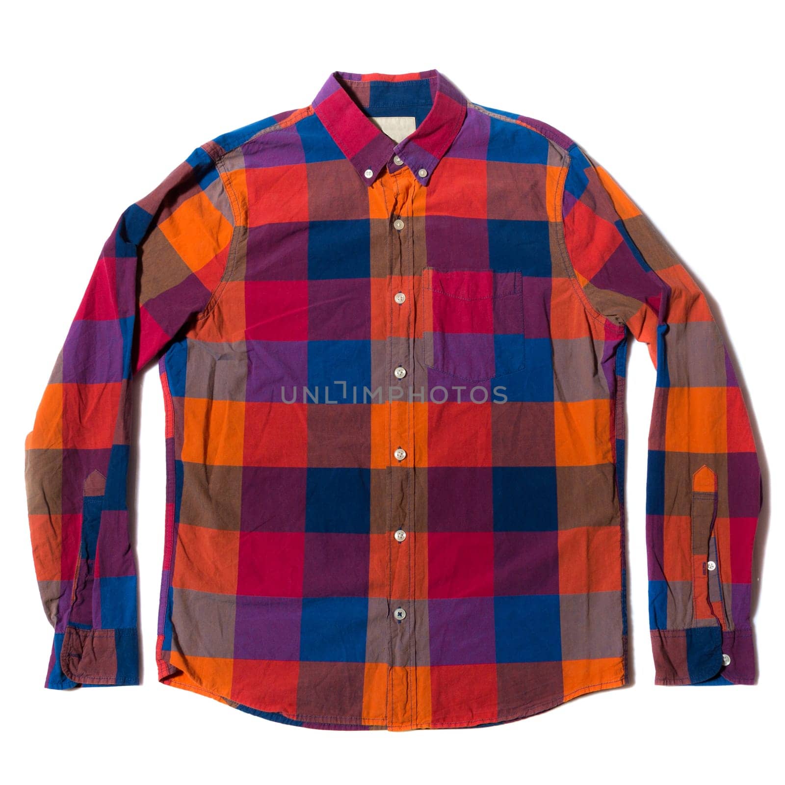 Red Blue checked button down casual shirt on white background
