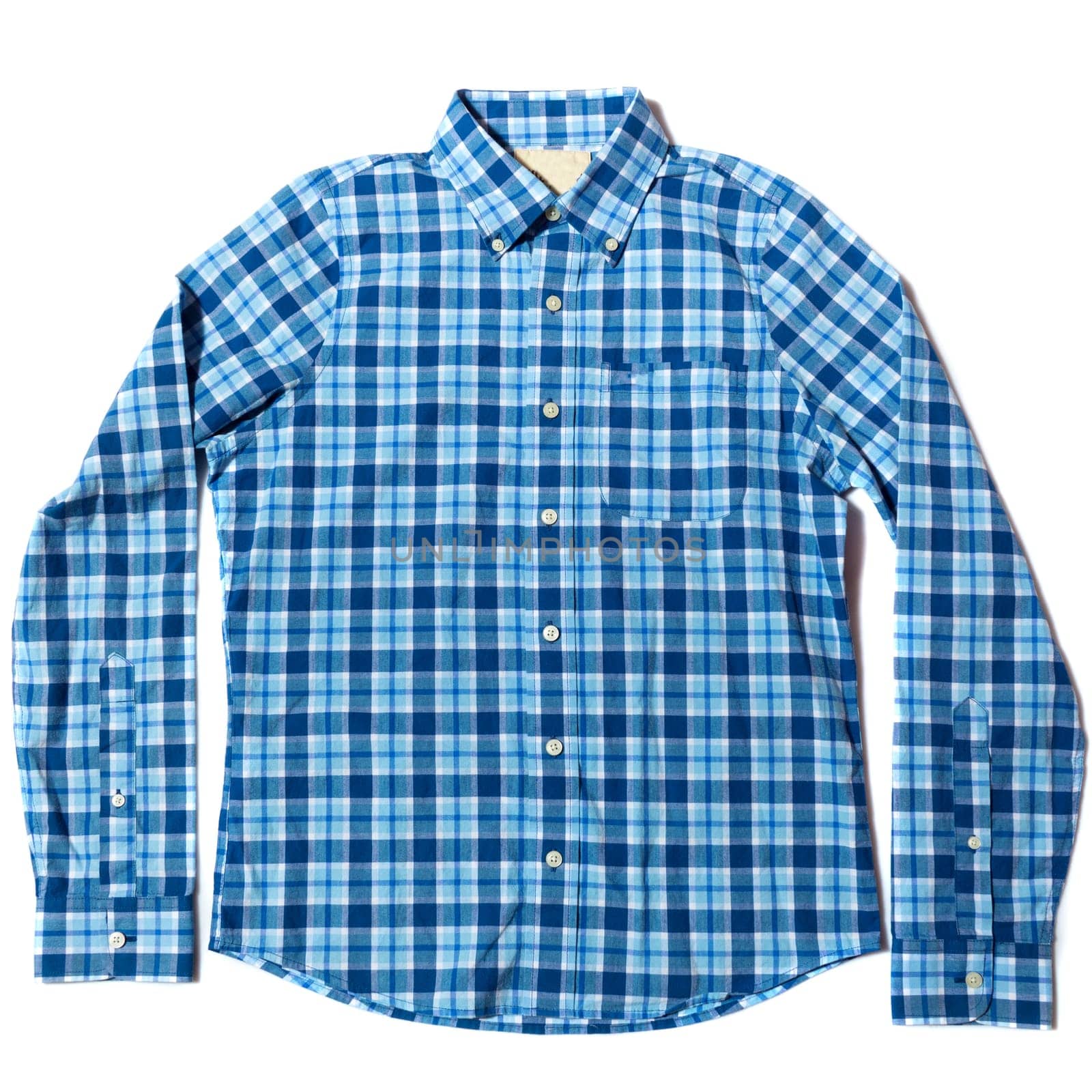 Blue checked button down casual shirt on white background