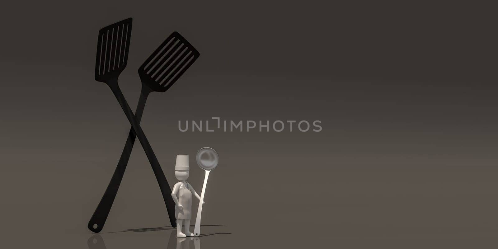 3d illustrator group of career chef symbols on a gray background, 3d rendering of the cooking. Includes a selection path.