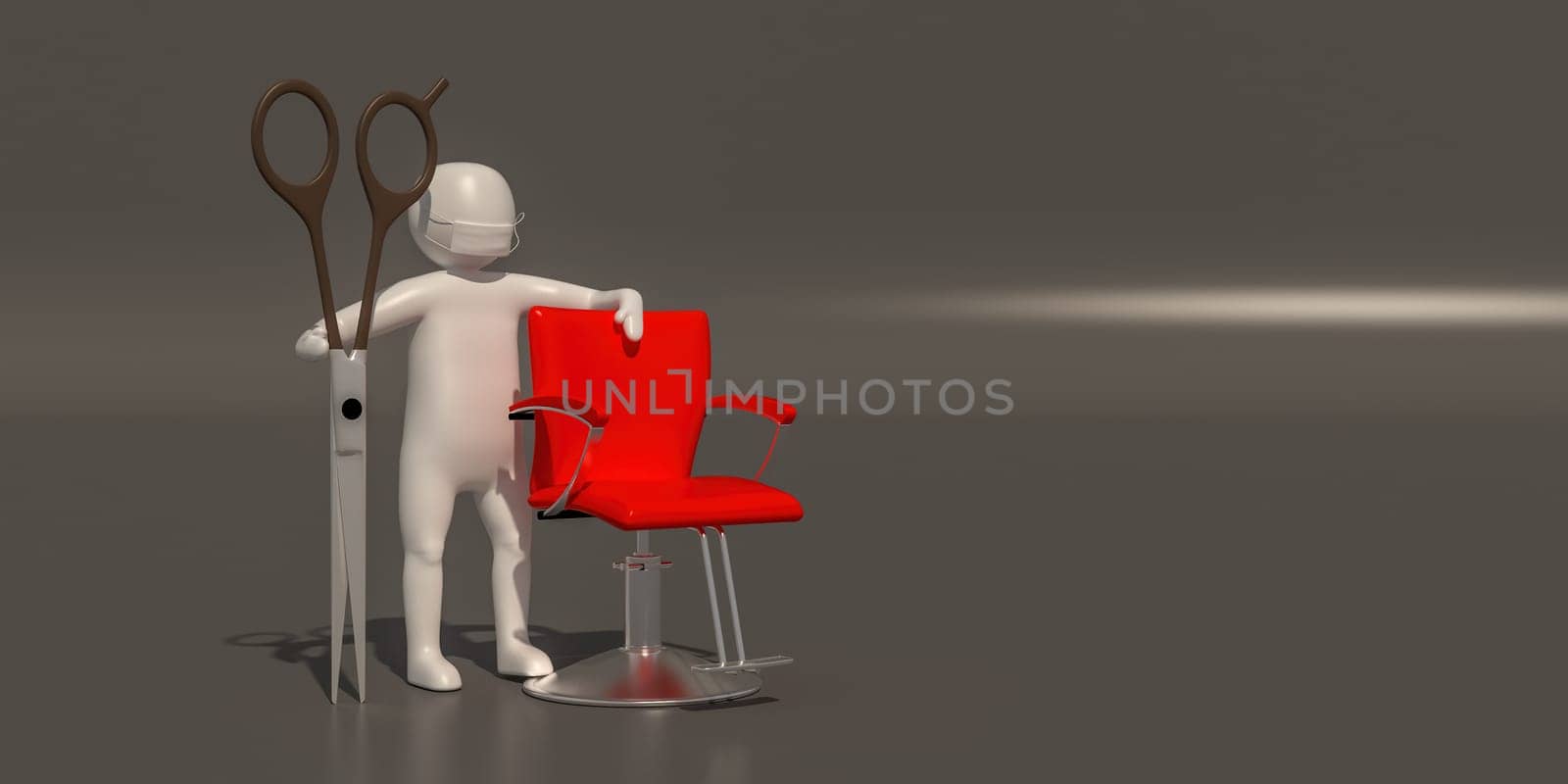 A scissors and red chair of the Beautician,  3d rendering
