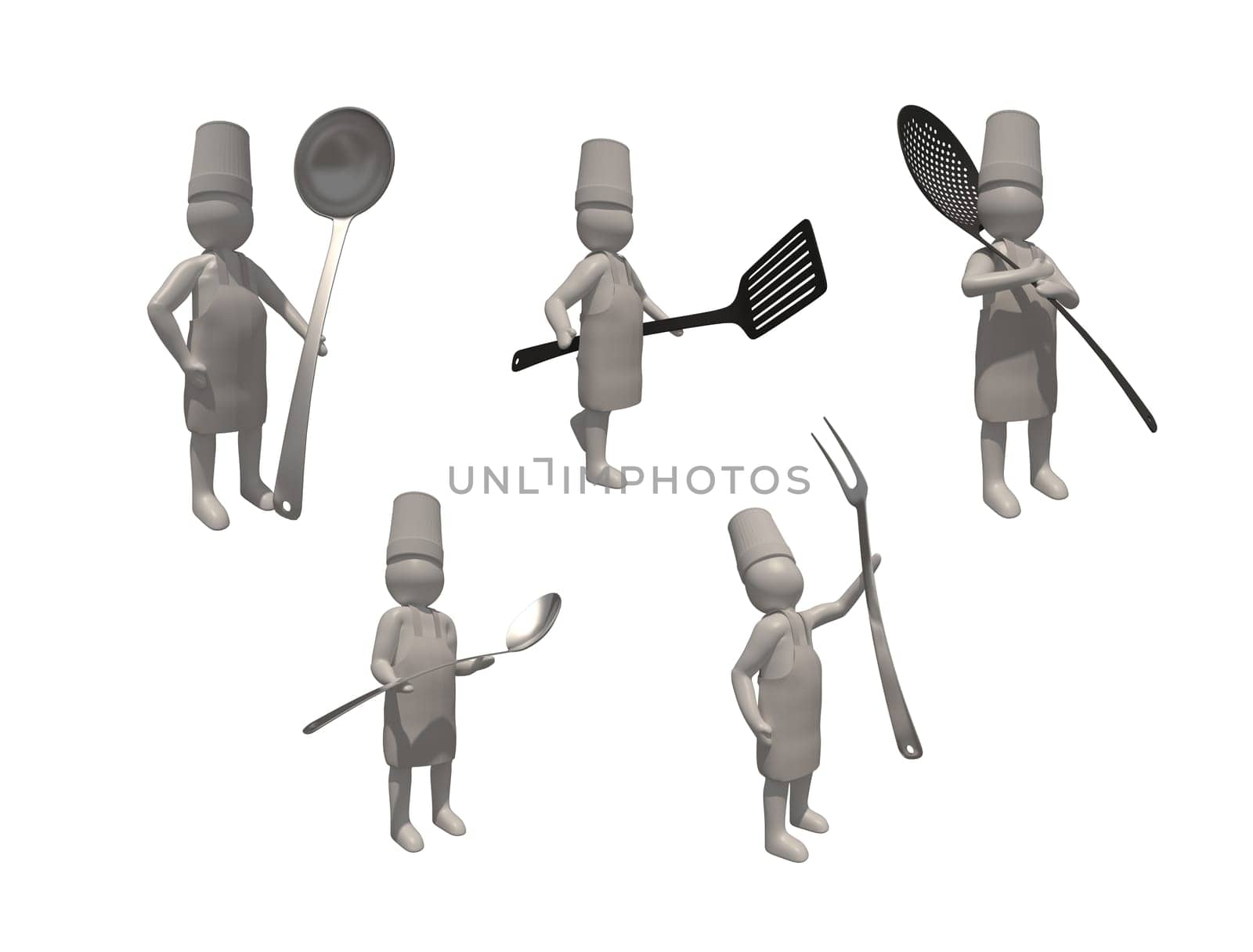 3d illustrator group of career chef symbols on a gray background, 3d rendering of the cooking. Includes a selection path.