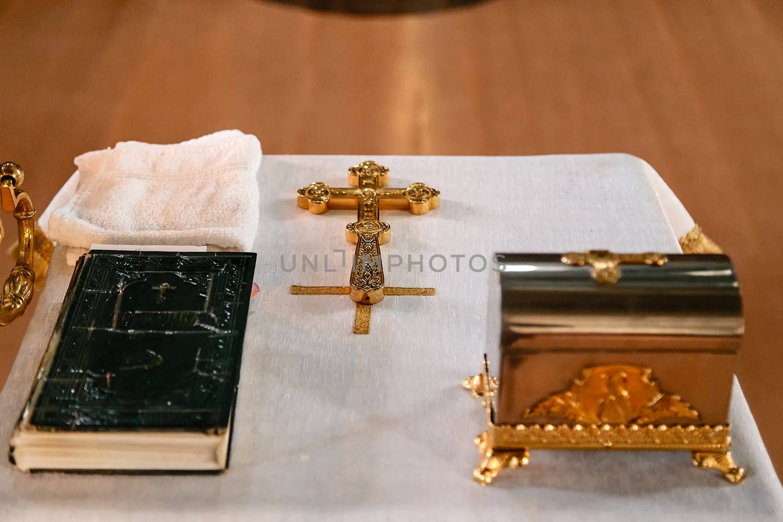 Church Baptism SuppliesChurch supplies priest for baptism on the table