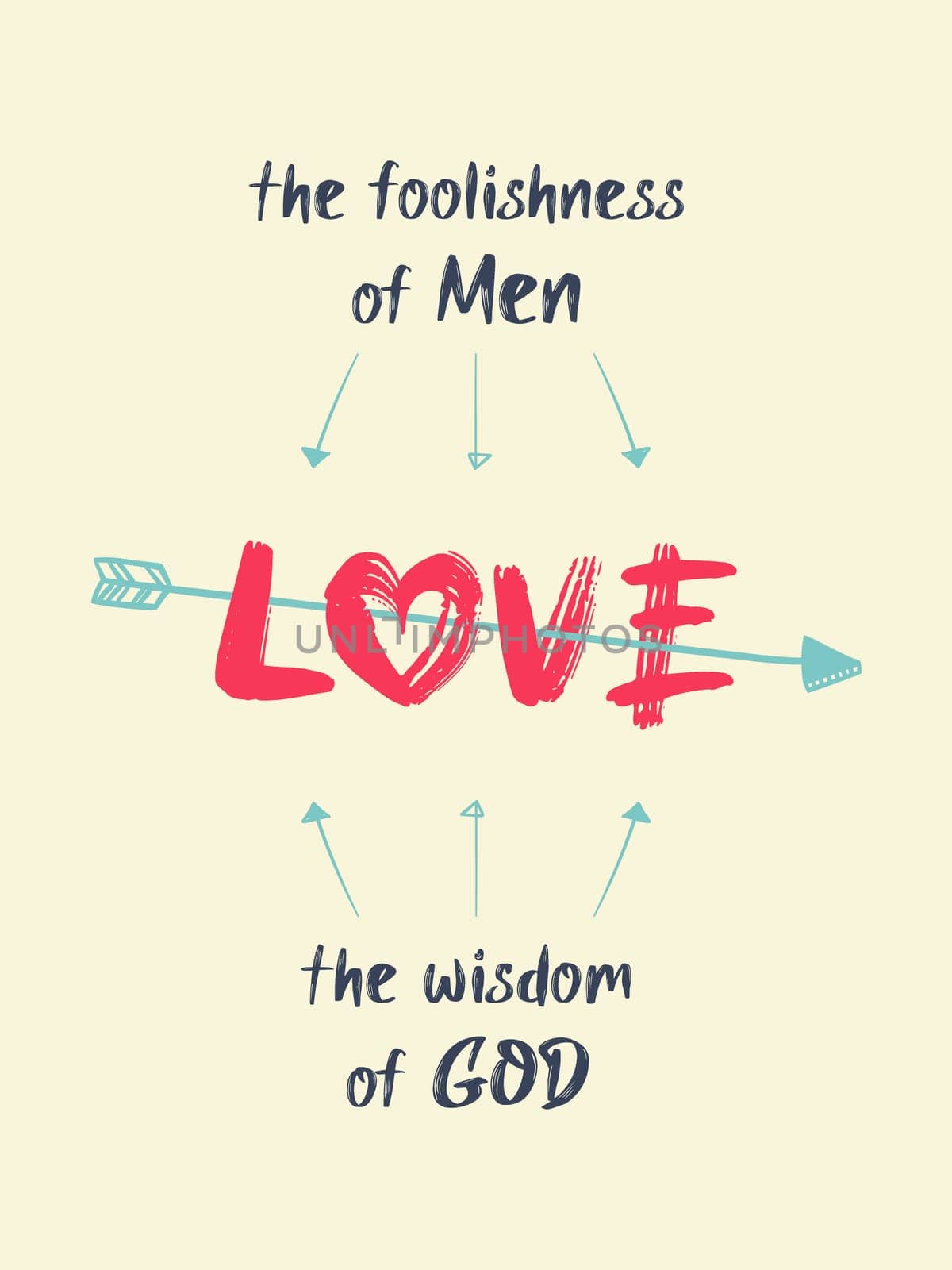 Love is the foolishness of men and the wisdom of God, quote by Victor Hugo, Les Misérables. Minimalist lettering composition, conceptual text illustration, creative design idea for Valentine's day.