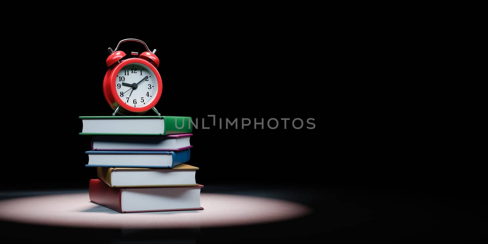 Stack of Books with Alarm Clock Spotlighted on Black Background with Copy Space 3D Illustration