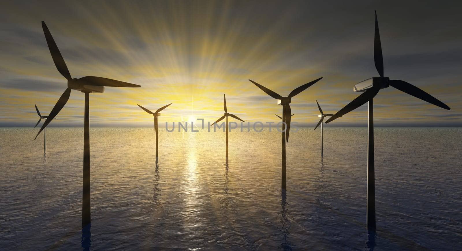 Wind turbines in the sea on a background of mountains and sunset. 3d render.