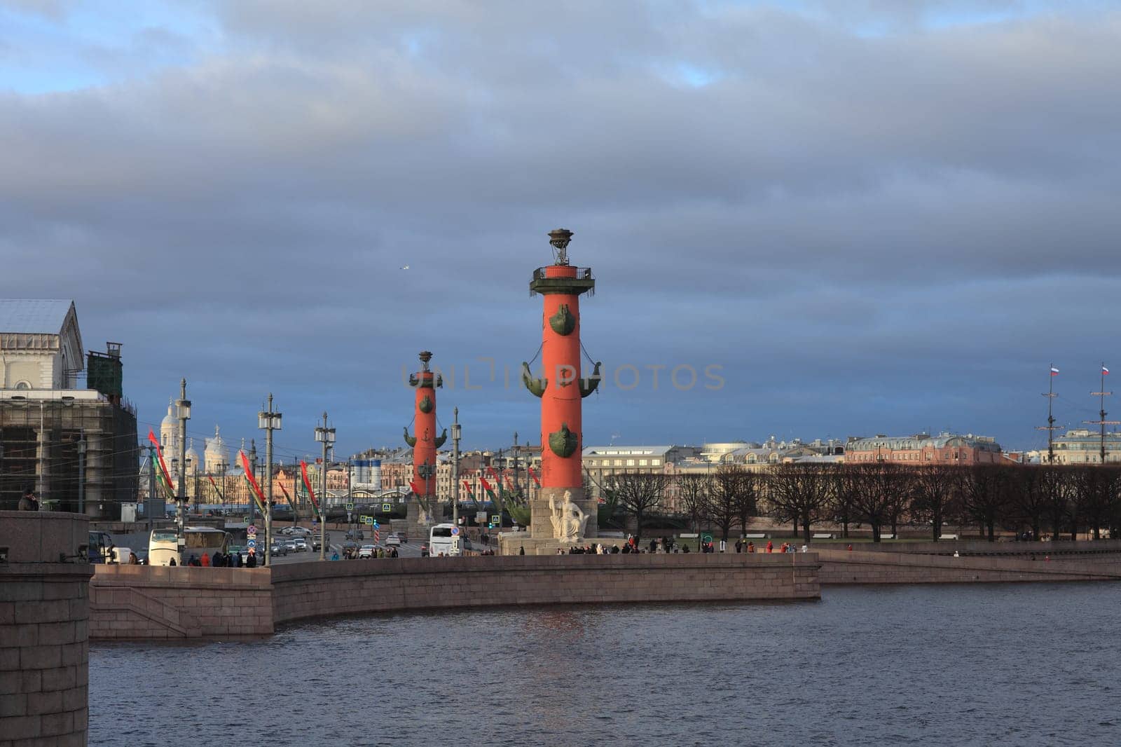 St. Petersburg, Russia, January 15 , 2020  Rostral columns, attractions St. Petersburg