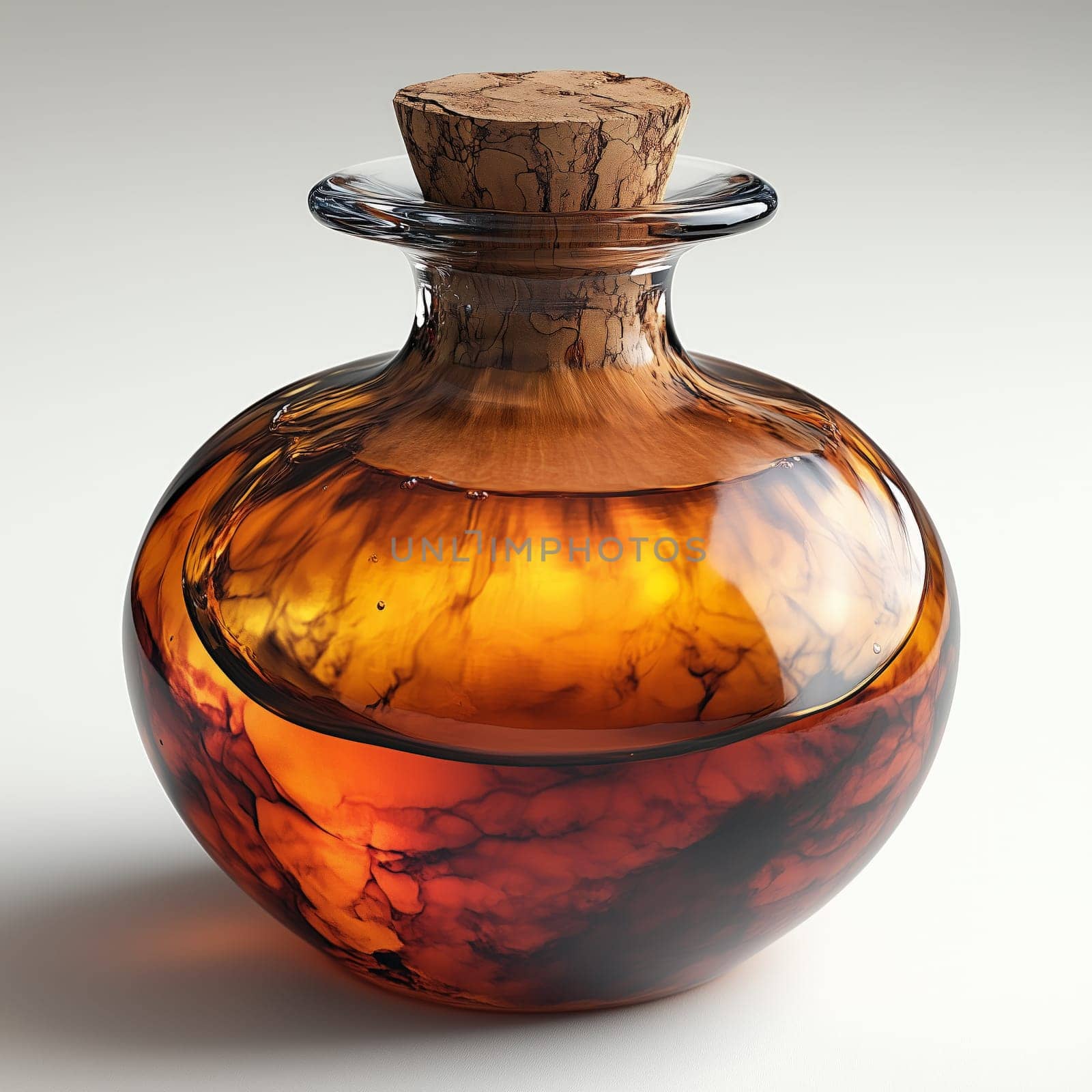 A round glass bottle filled with amber liquid, sealed with a textured cork stopper. The liquid has a swirling pattern, creating a rich, artistic effect.