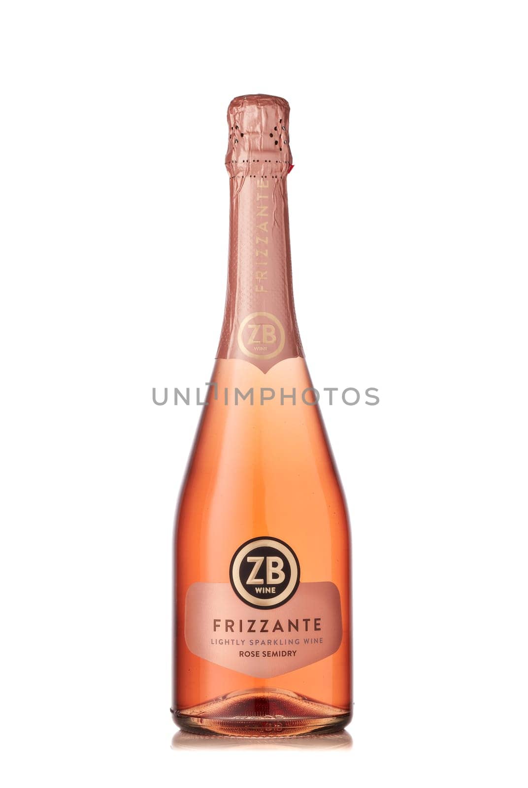 St.Petersburg, Russia -  January 2020  - Bottle of semi-dry rose lightly sparkling wine ZB wine Frizzante  isolated on white background.