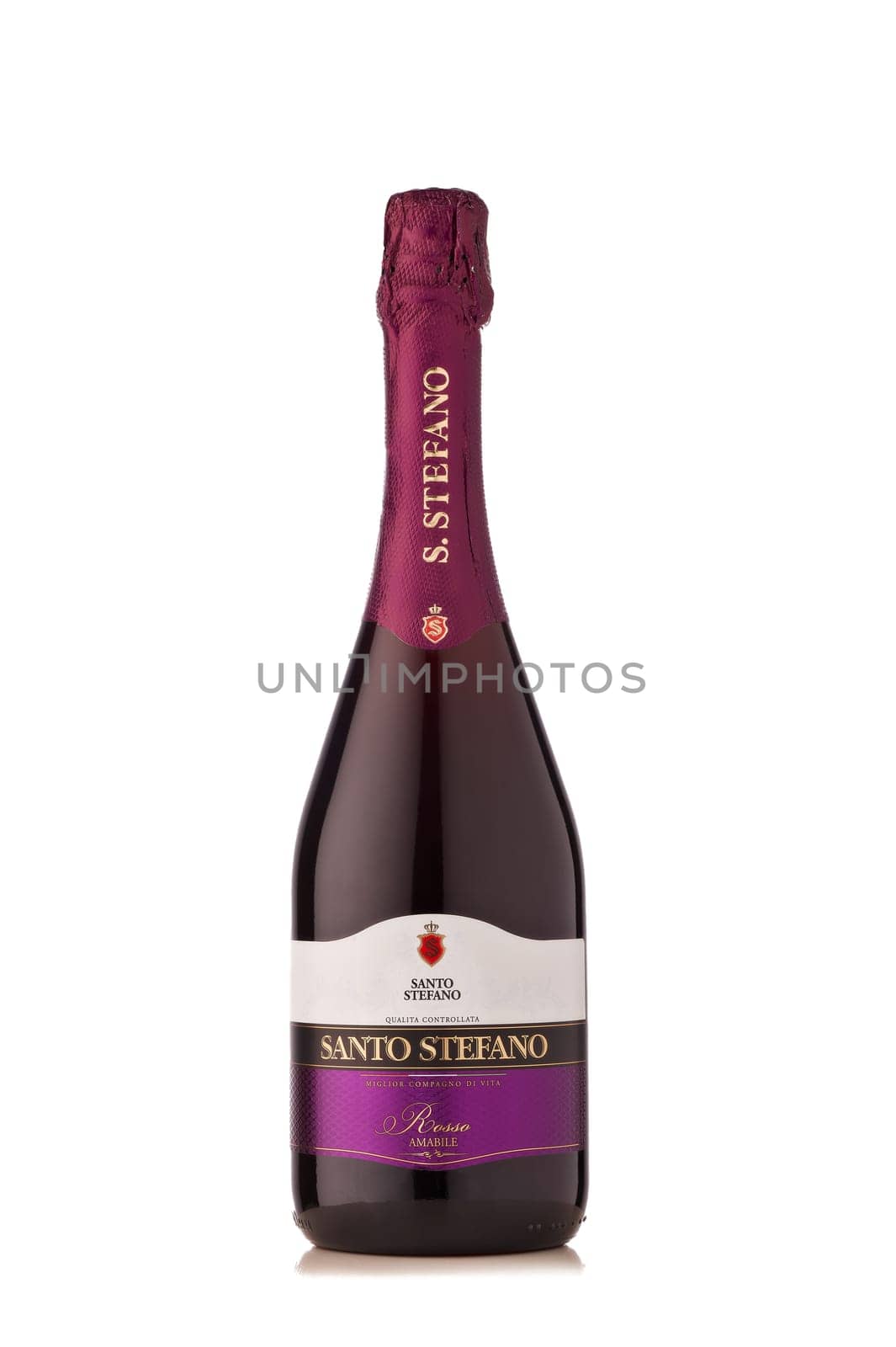 St.Petersburg, Russia -  January 2020  - Bottle of Santo Stefano Rosso Amabile semisweet red sparkling wine isolated on white background.