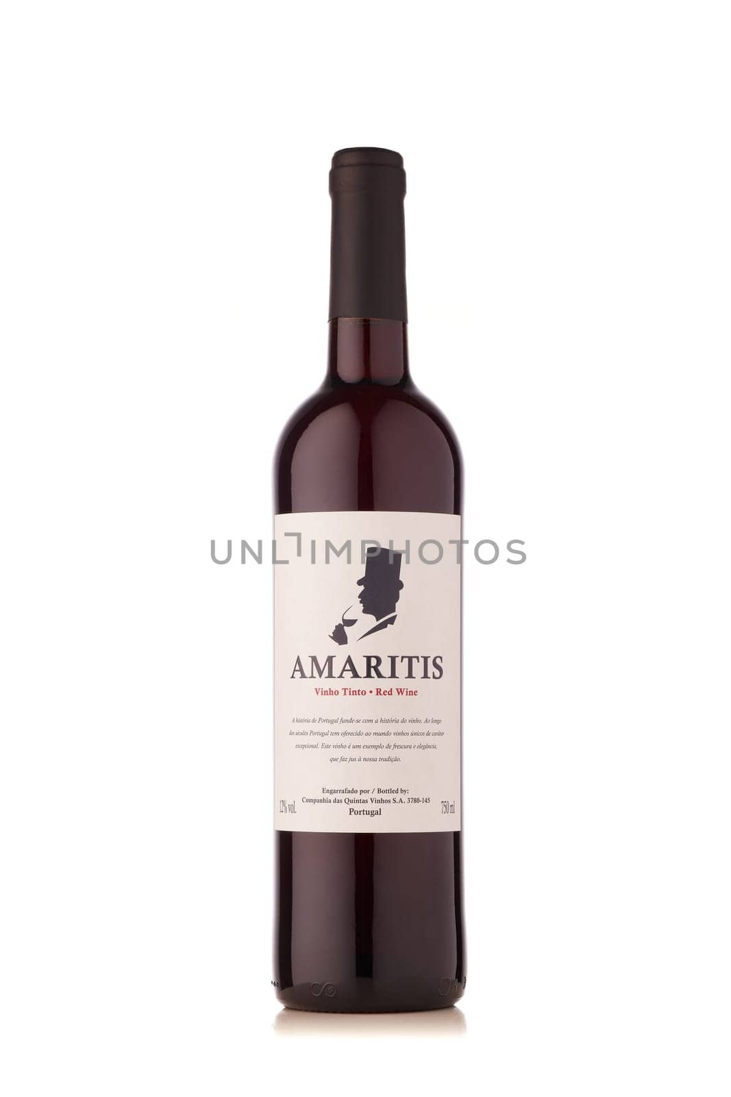 St.Petersburg, Russia -  January 2020  - Bottle of Amaritis VinhoTinto dry red wine  isolated on white background.