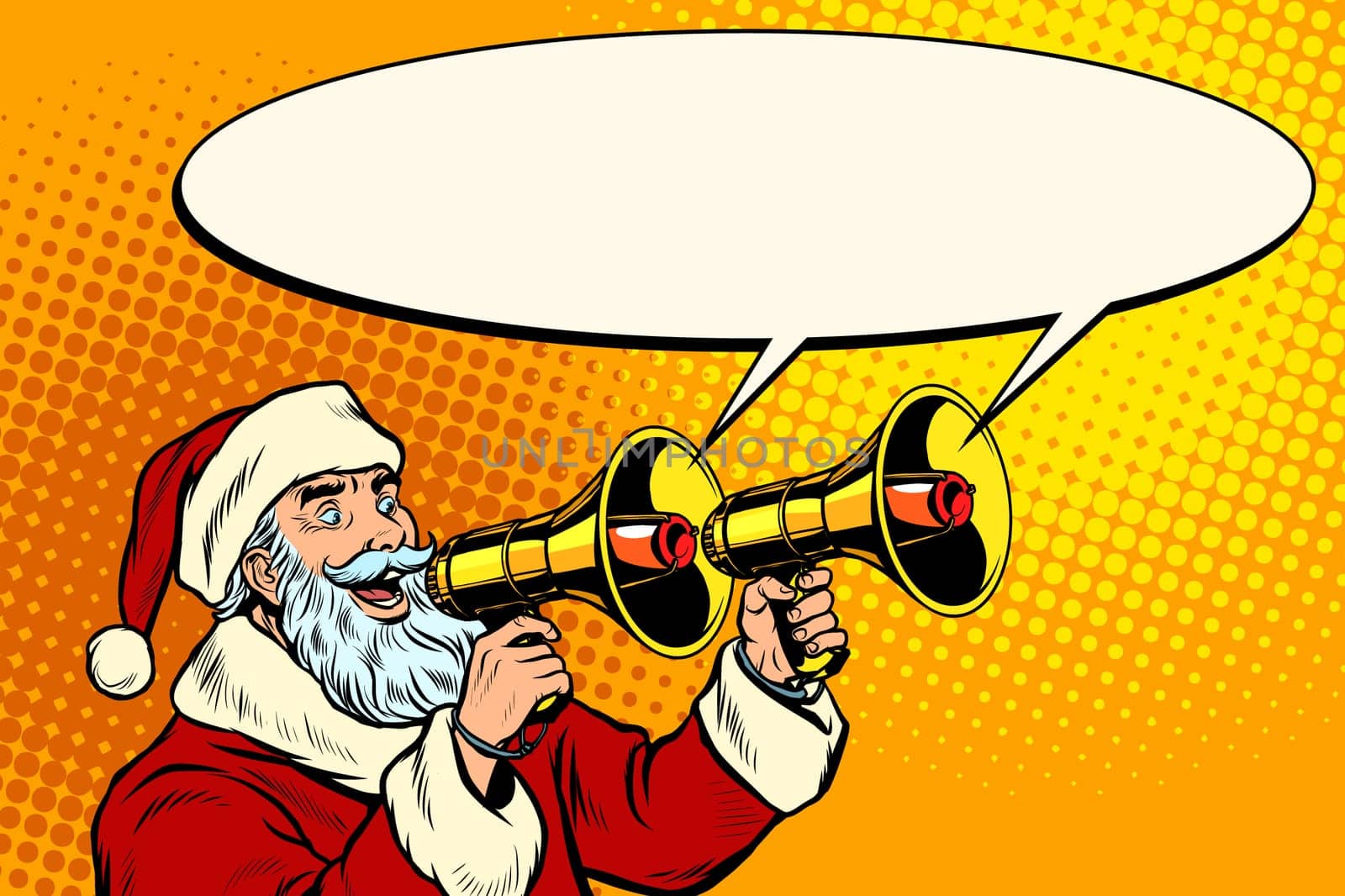 Santa Claus with a megaphone. Christmas sale. Pop art retro vector illustration kitsch vintage drawing