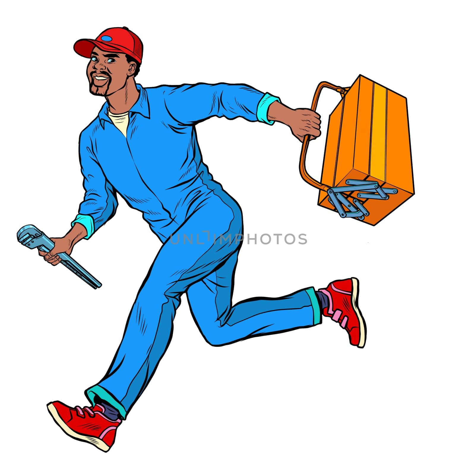 Male African master repairman runs on call. Pop art retro vector illustration vintage kitsch 50s 60s