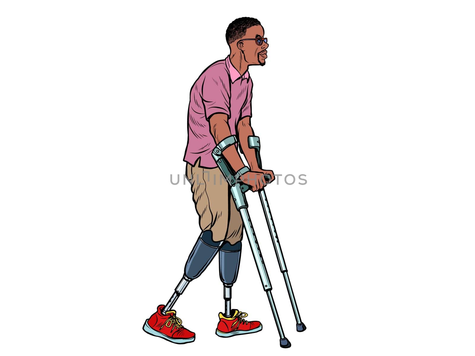 legless african veteran with a bionic prosthesis with crutches. a disabled man learns to walk after an injury. rehabilitation treatment and recovery. pop art retro vector illustration kitsch vintage drawing 50s 60s