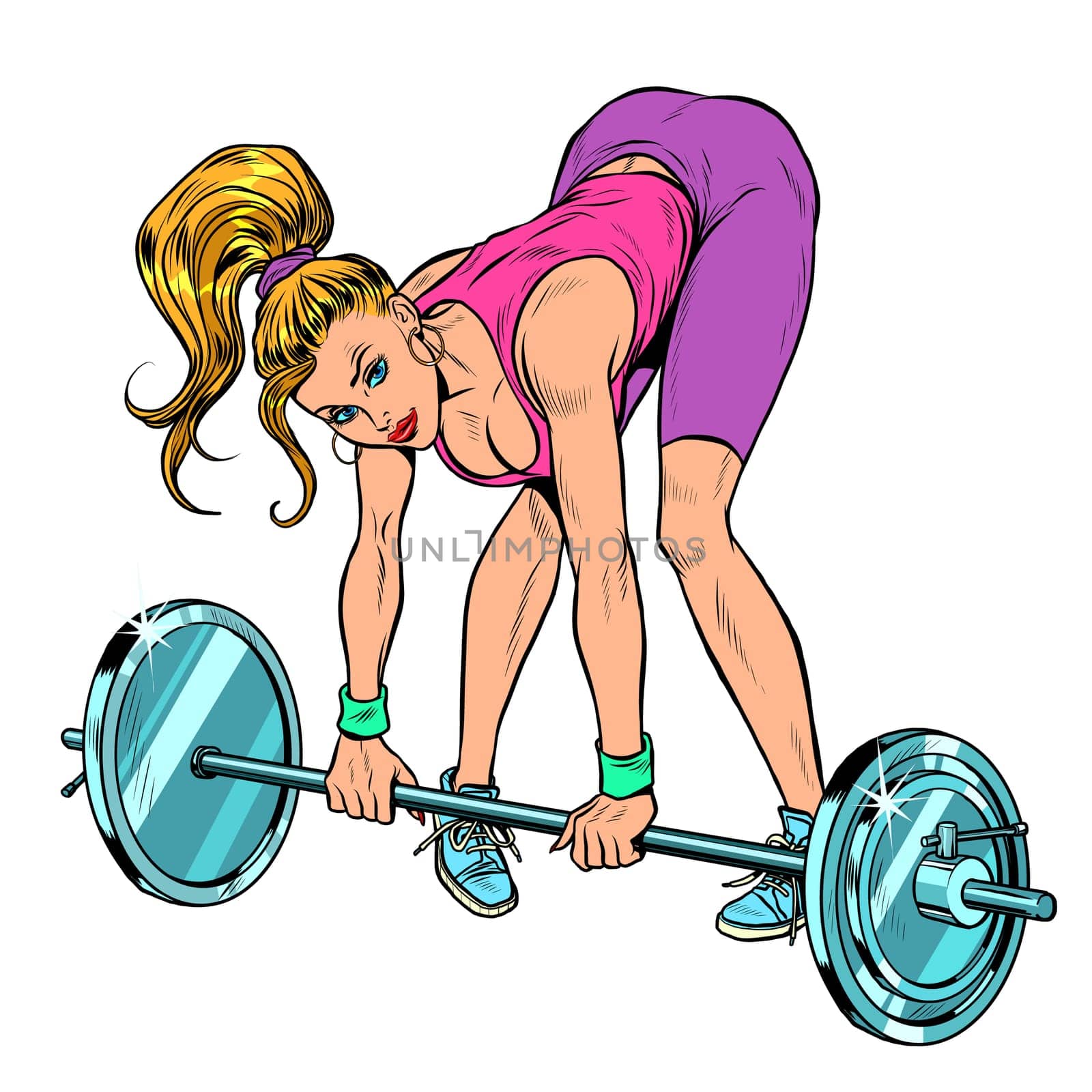 Female athlete weightlifting lifting barbell. Pop art retro vector illustration vintage kitsch 60s 50s