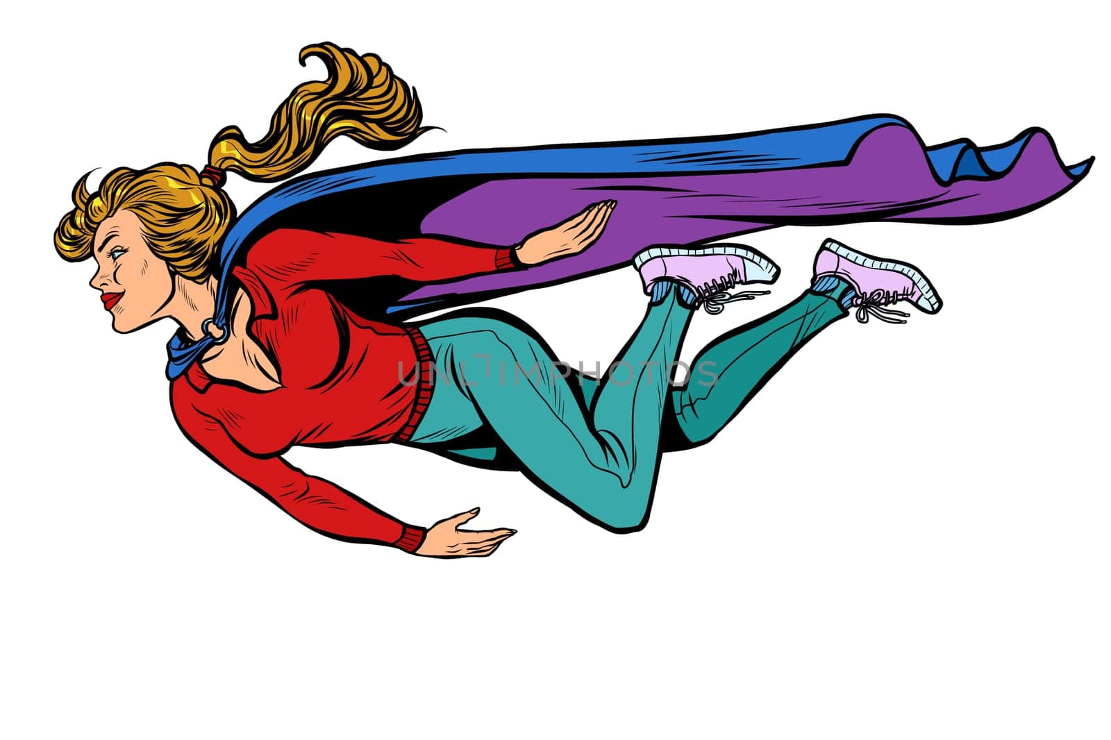 woman superhero flies. female power. pop art retro vector illustration kitsch vintage drawing 50s 60s