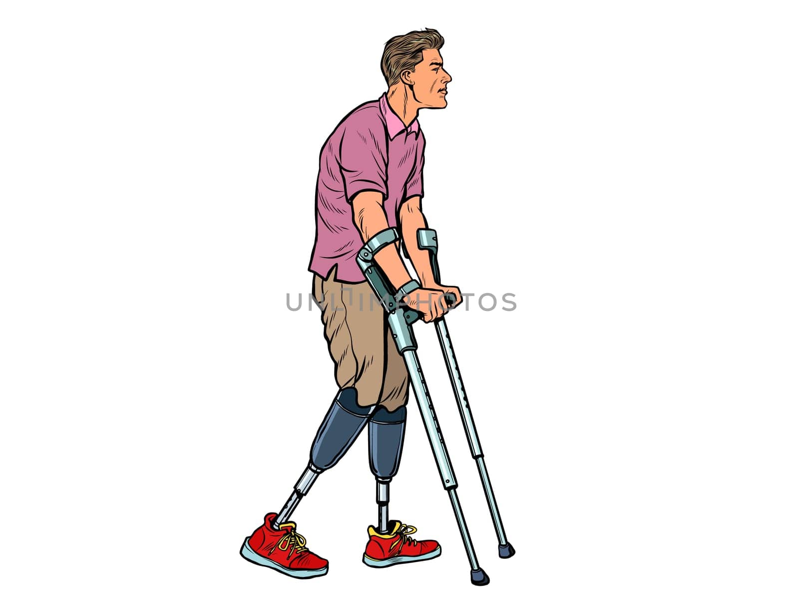 legless veteran with a bionic prosthesis with crutches. a disabled man learns to walk after an injury. rehabilitation treatment and recovery. pop art retro vector illustration kitsch vintage drawing 50s 60s