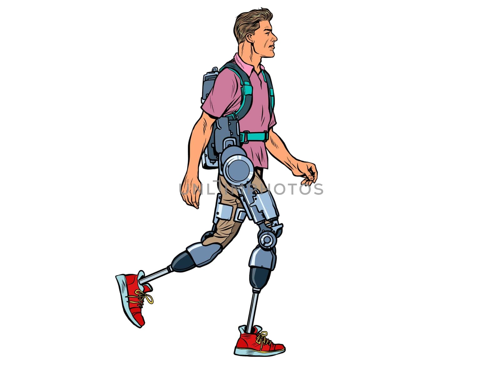 exoskeleton for the disabled. A man legless veteran walks. rehabilitation treatment recovery. science and technology. pop art retro vector illustration kitsch vintage drawing 50s 60s
