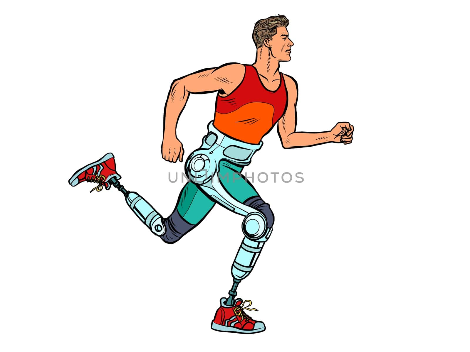disabled man running with legs prostheses. Pop art retro vector illustration vintage kitsch 60s 50s