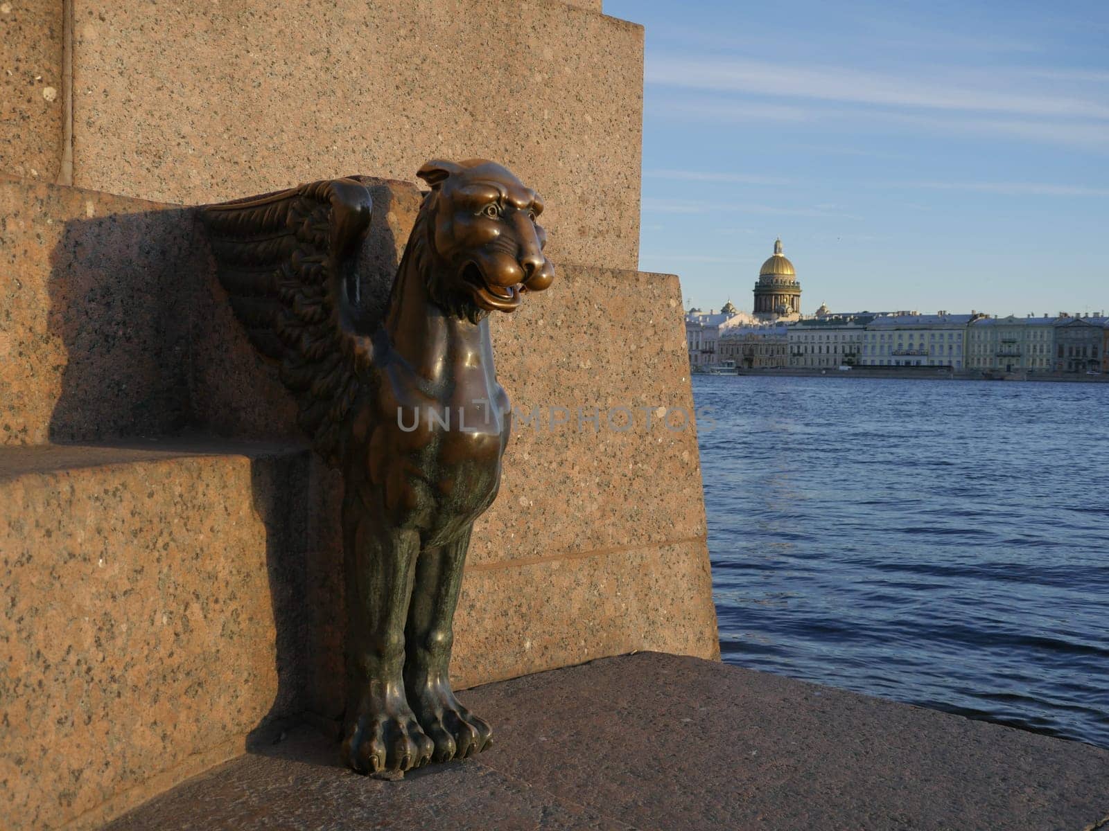 Winged lion bronze sculpture on the promenade in St. Petersburg