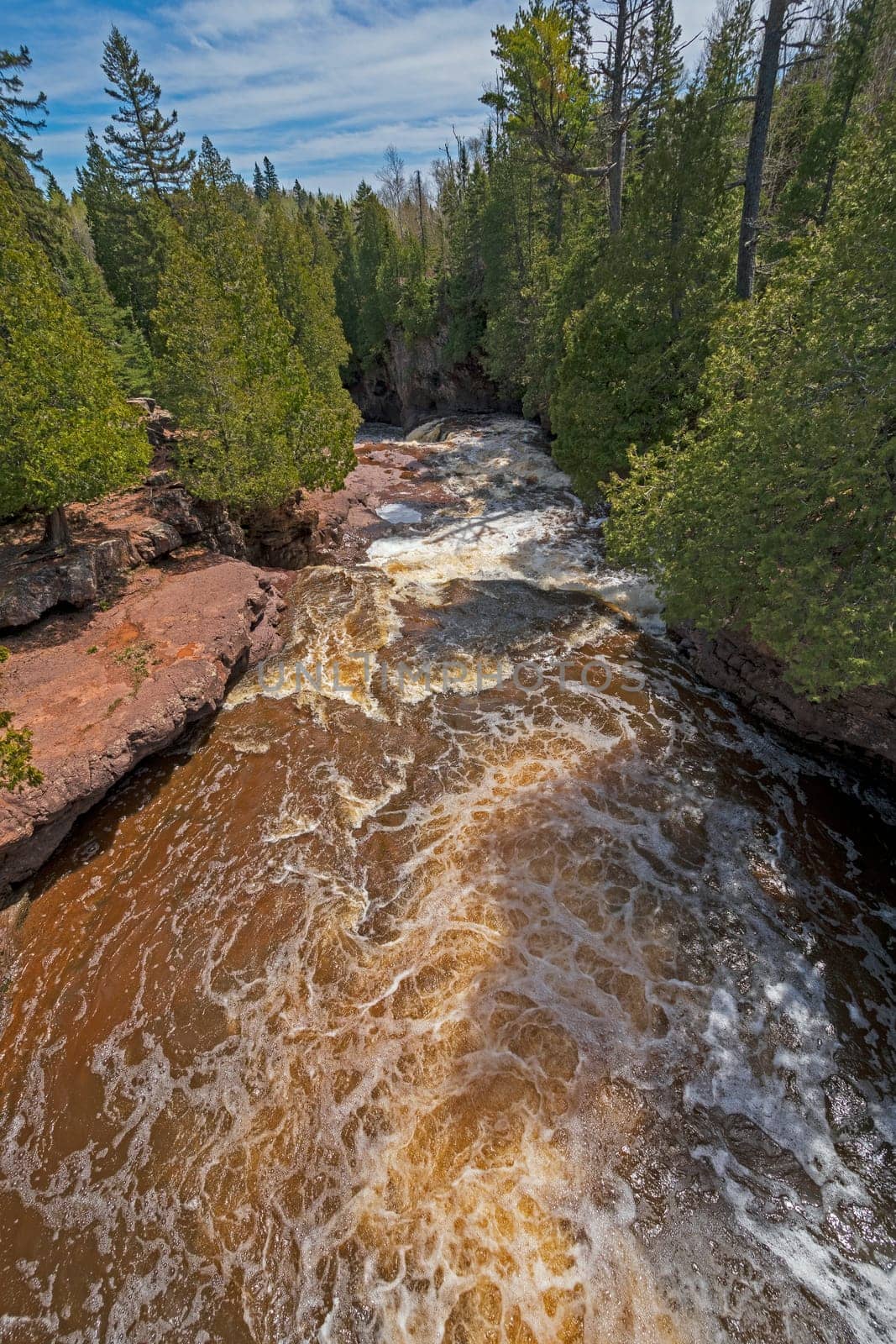 Spring Waters Rushing Down a Narrow Canyon on the Gooseberry River in Gooseberry Falls State Park in Minnesota