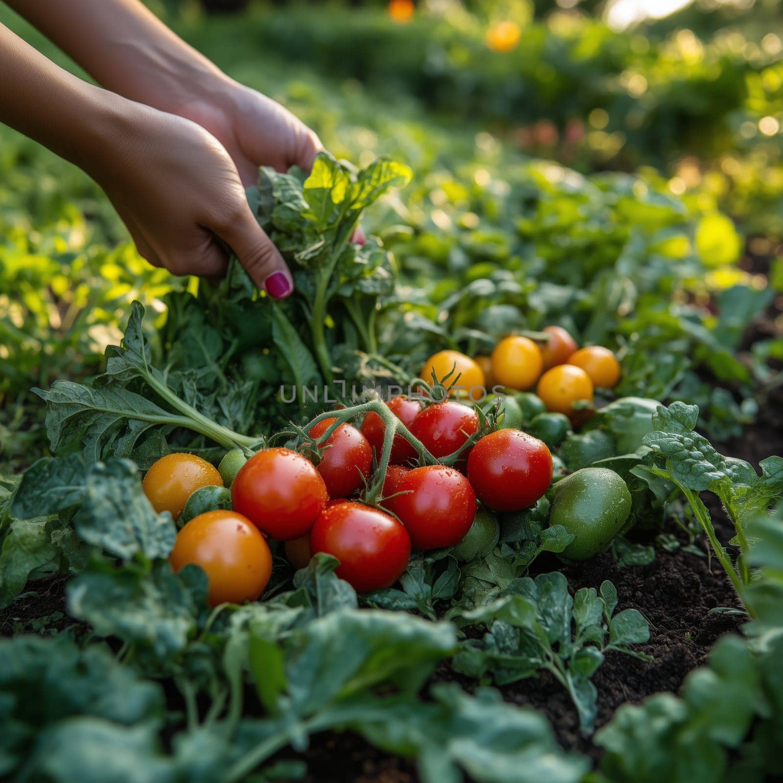 Close-up of hands picking ripe red and yellow tomatoes from a lush organic garden. Sunlight highlights fresh produce, emphasizing sustainability and farm-to-table agriculture.