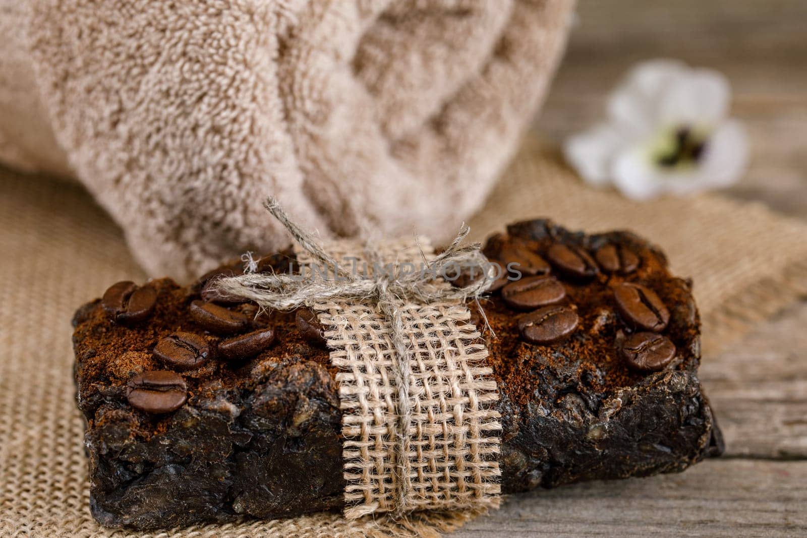 Handmade soap with natural fillers, with ground coffee, with jute decoration