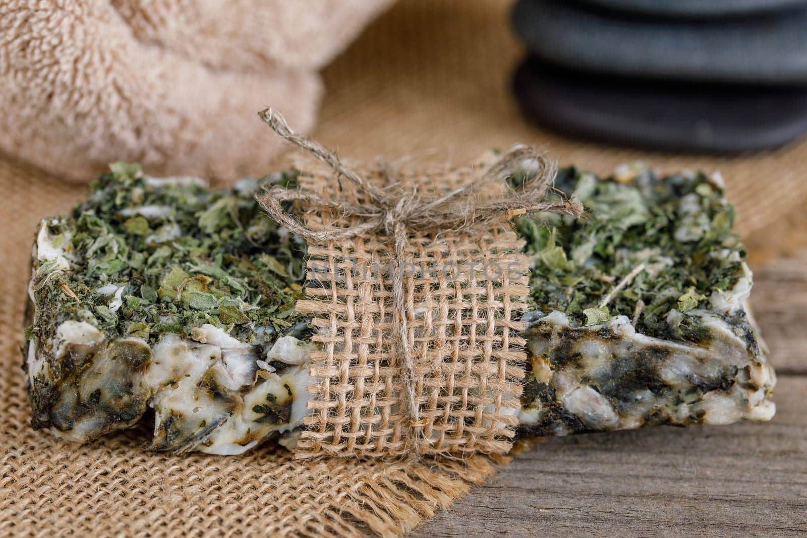 Handmade soap with natural fillers, with dry mint, with jute decoration