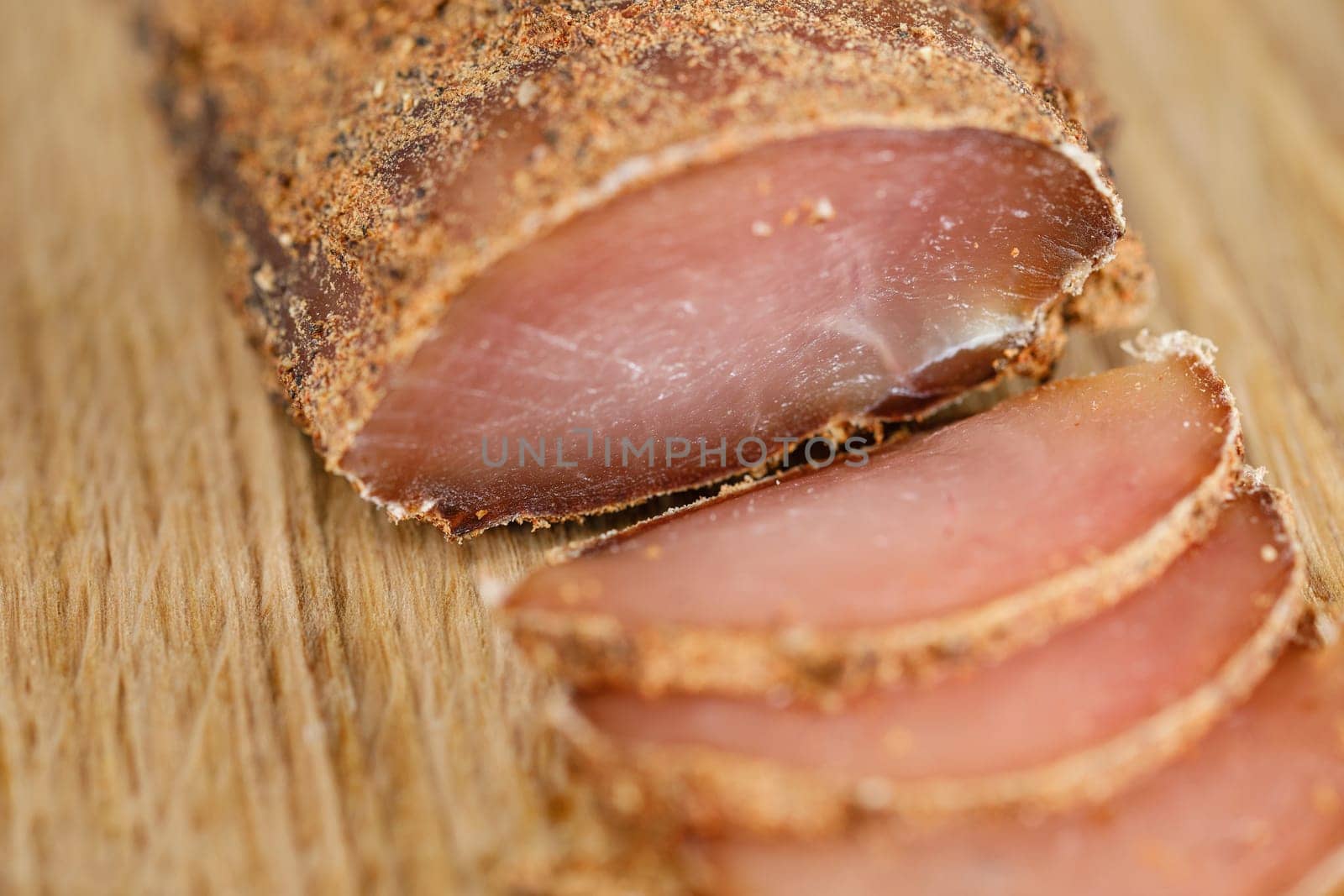 Homemade chicken breast basturma, selective focus