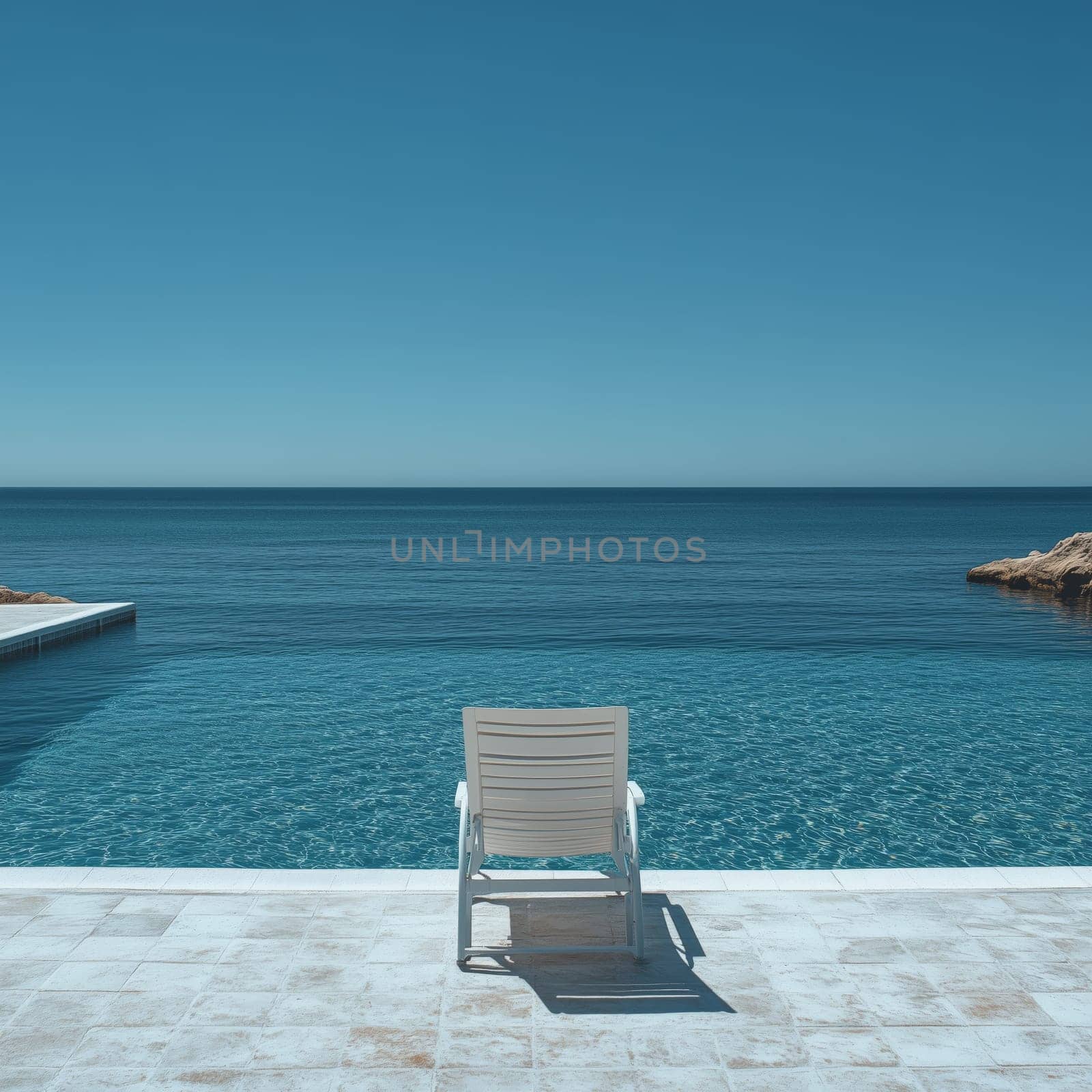 A single white lounge chair sits by a luxurious infinity pool overlooking the ocean. The minimalist design and serene coastal setting evoke peace, relaxation, and tranquility.