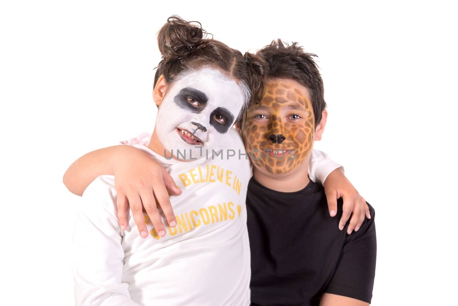 Children with animal face-paint isolated in white