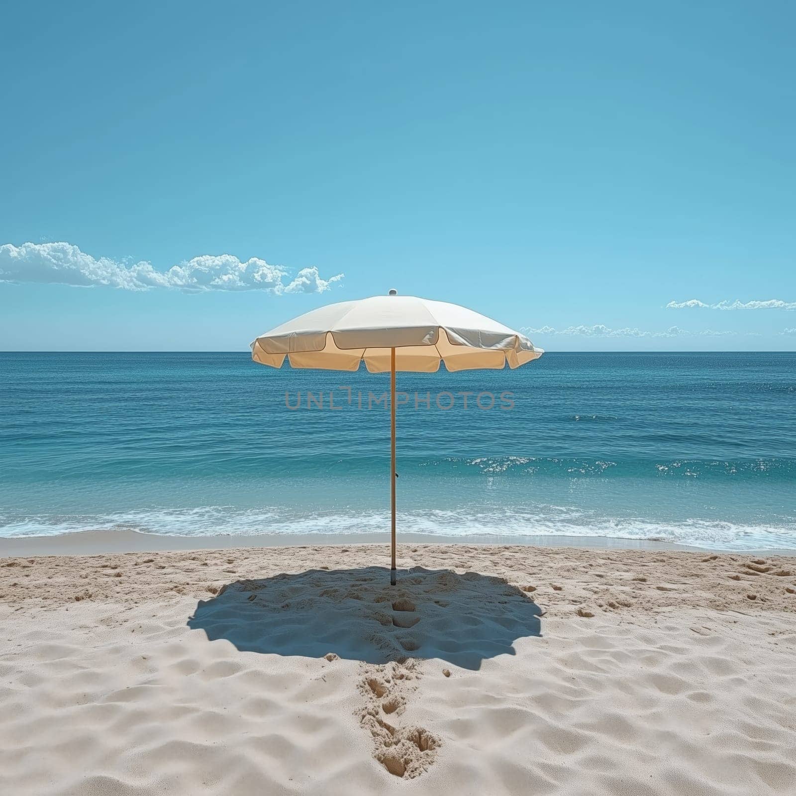 A single white beach umbrella stands on soft sand near the shoreline, casting a shadow with ocean waves and a clear blue sky in the background.